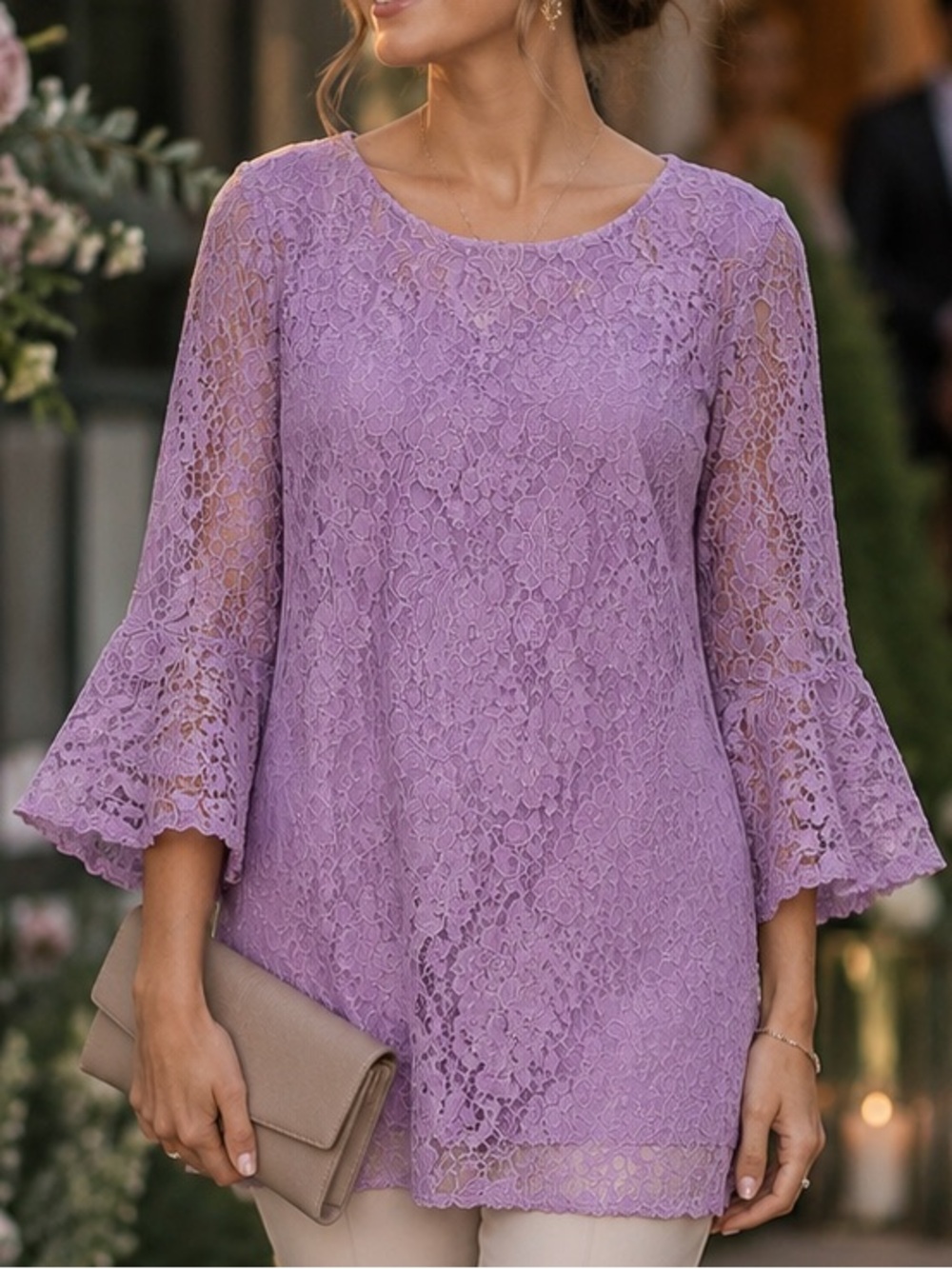 Caroline Rose Iced Orchid Floral Lace Bell Sleeve Blouse Tunic Top Size L NWT